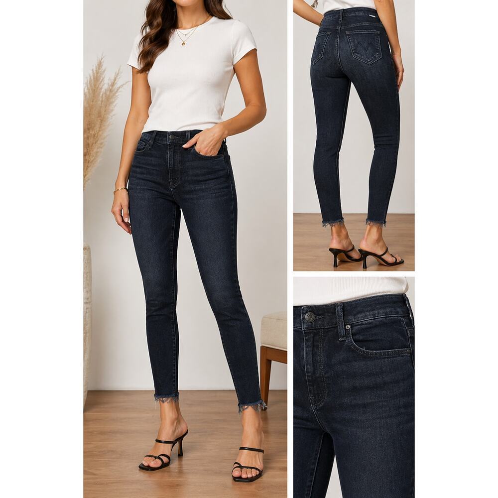 Mother The Looker Ankle Fray Jeans Sz 24 Dark Wash High Waisted Raw Hem USA